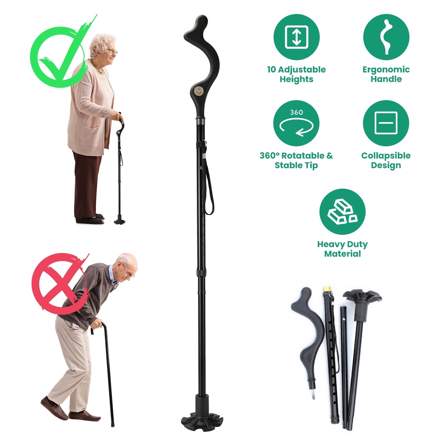 Posture Walking Cane For Men Women Old People Collapsible Stick With