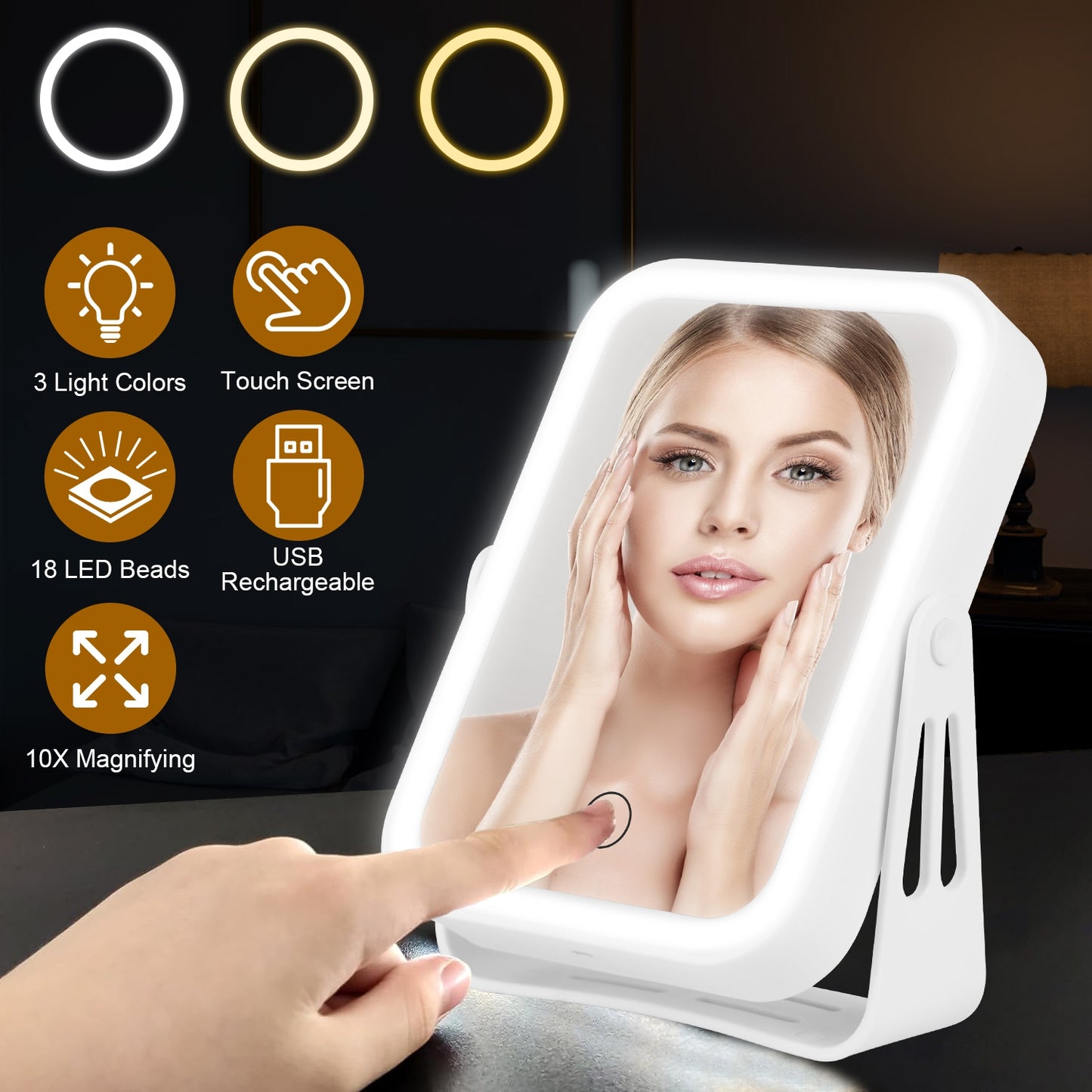10X Magnifying Lighted Makeup Mirror Double Sided Travel With 3 Light Colors To