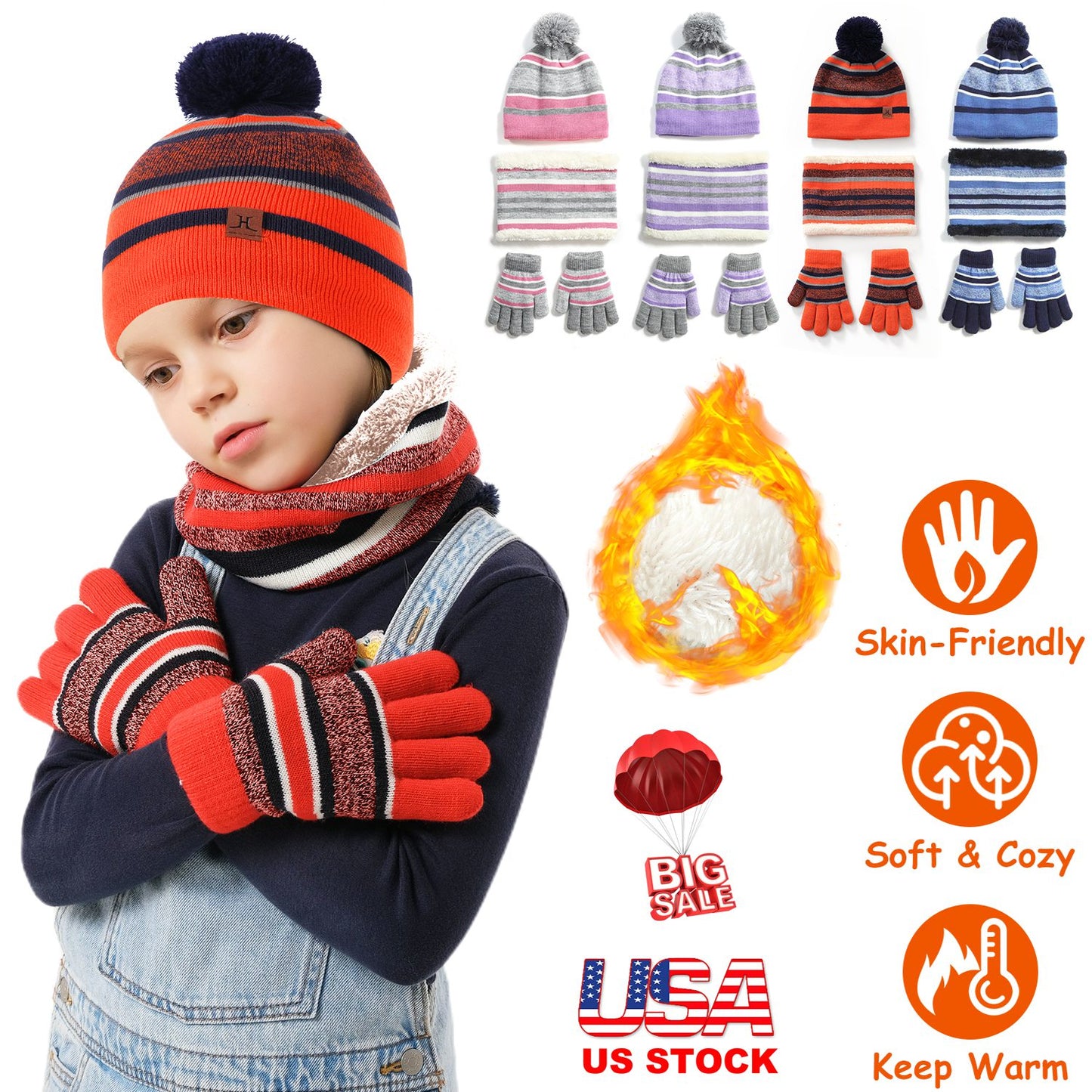 Winter Kids Knitted Hat Scarf Gloves 3Pcs Boys Girls Warm Beanie And Glove Set