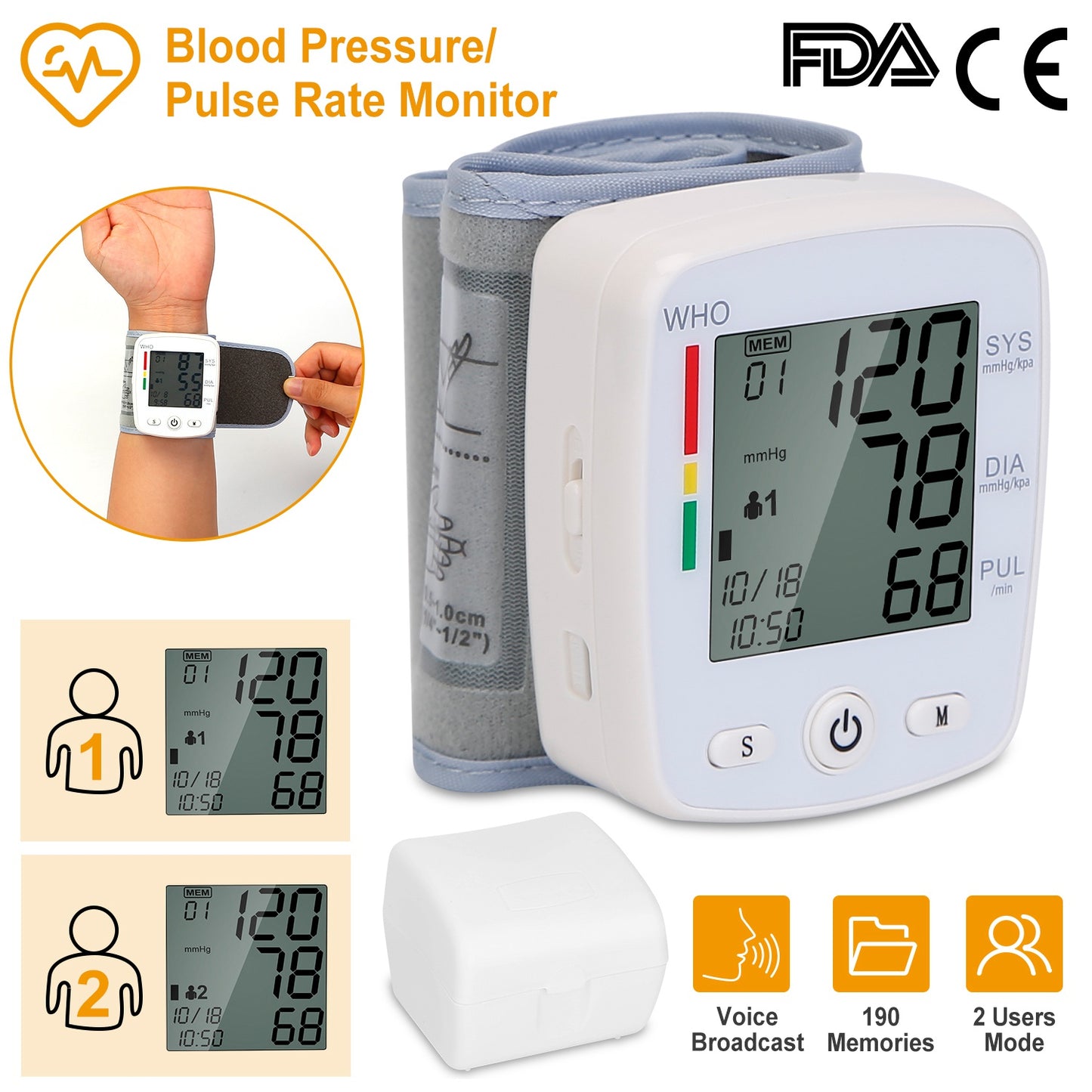 Blood Pressure Monitor Wrist Digital High Cuff Heartbeat Tester W/ 90X2 Reading
