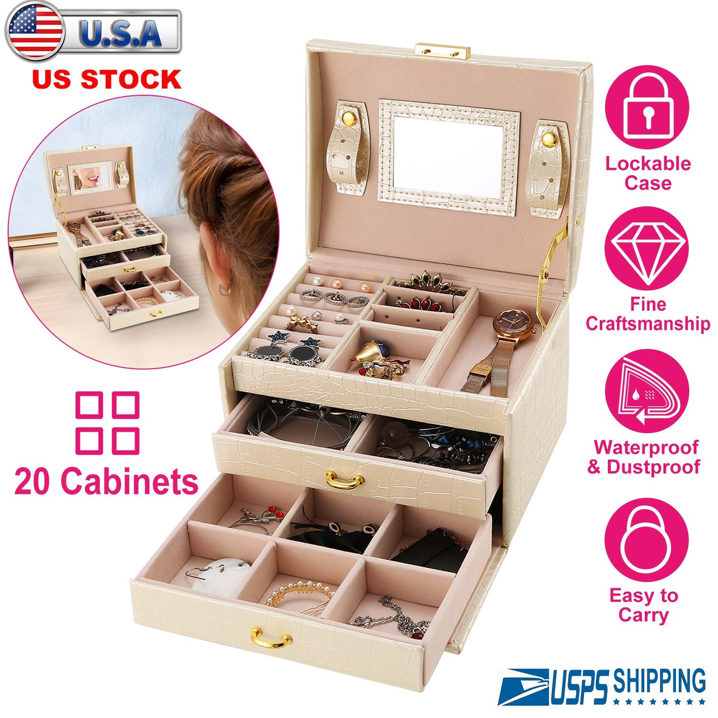 Jewelry Case Organizer 3-Layer Lockable Travel Box Pu Leather Storage Display W