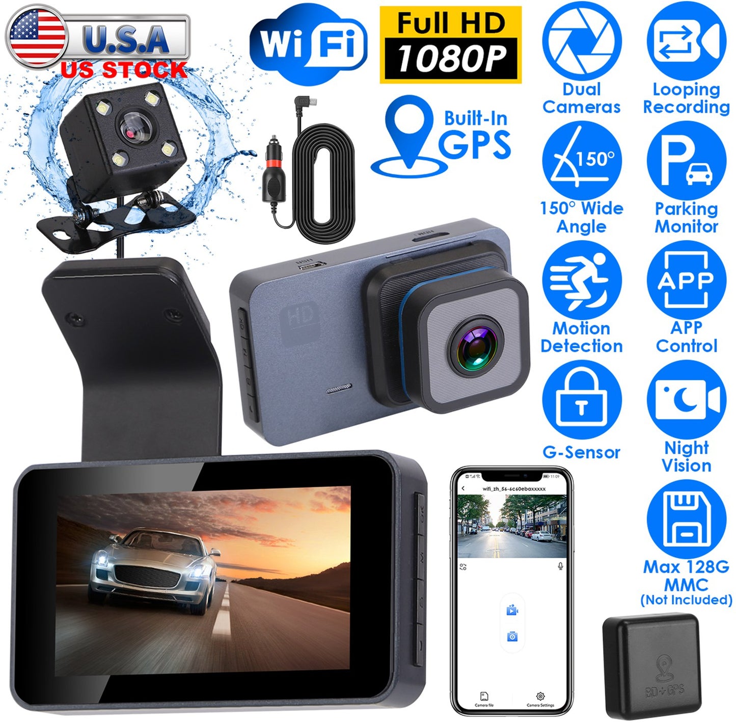 1080P Dual Lens Dash Cam Vehicle Driving Recorder Car Dvr With Wifi Gps G-Senso