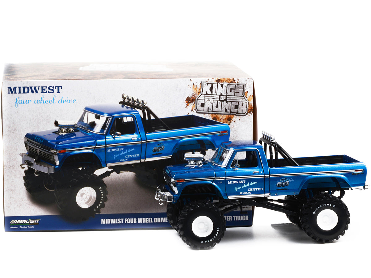 1974 Ford F-250 Ranger XLT Monster Truck with 48-Inch Tires Blue Metallic "Midwest Four Wheel Drive Center" "Kings of Crunch" Series 1/18 Diecast Model Car by Greenlight