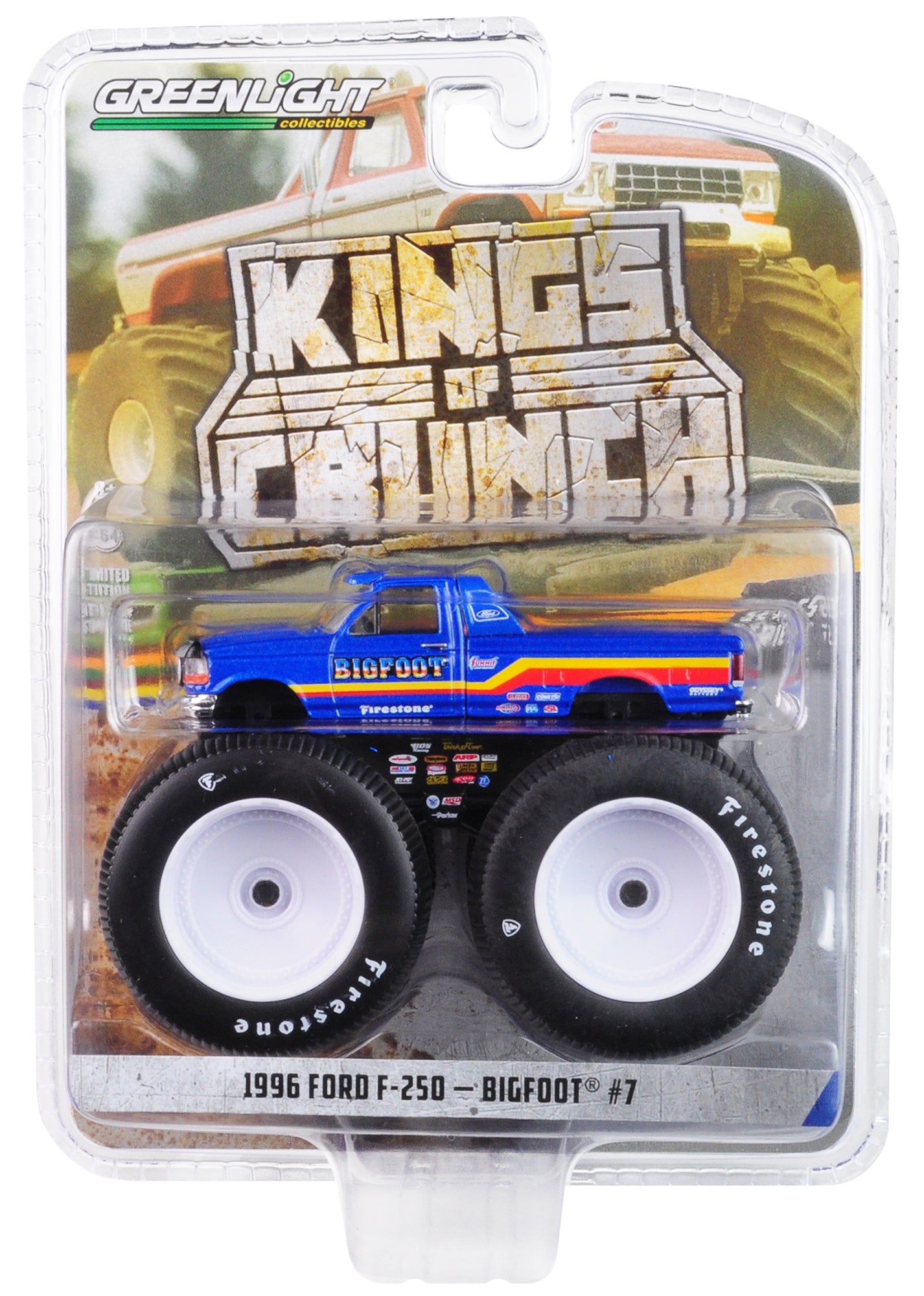 1996 Ford F-250 Monster Truck "Bigfoot #7" Metallic Blue with Stripes "Kings of Crunch" Series 5 1/64 Diecast Model Car by Greenlight