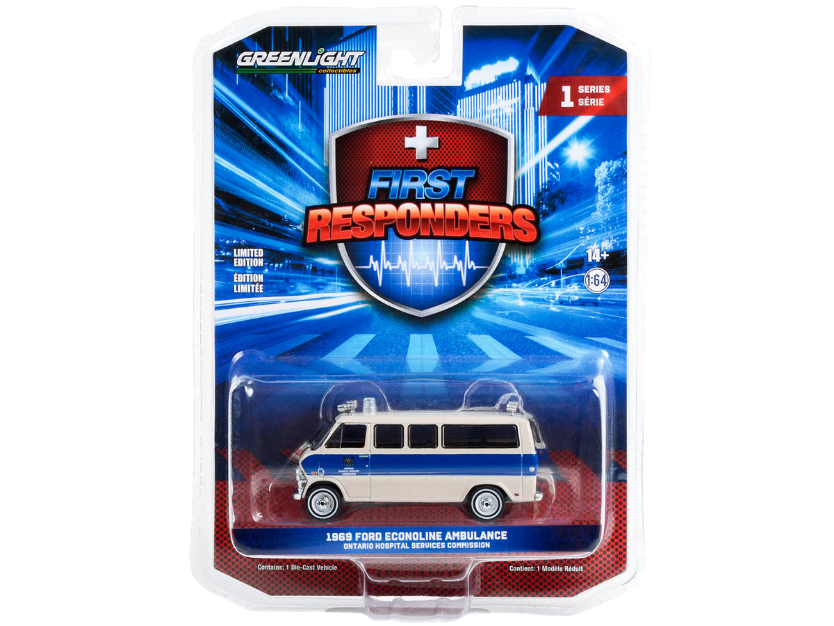 1969 Ford Econoline Ambulance Beige with Blue Stripes "Ontario Hospital Services Commission Ontario Canada" "First Responders" Series 1 1/64 Diecast Model Car by Greenlight