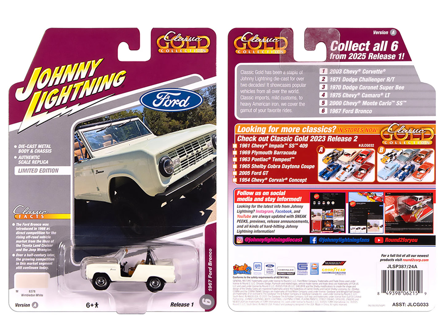 1967 Ford Bronco Wimbledon White "Classic Gold Collection" 1/64 Diecast Model Car by Johnny Lightning