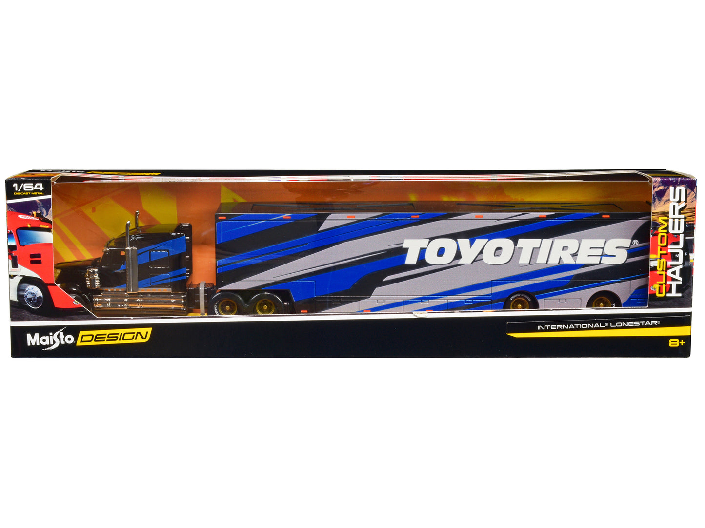 International LoneStar Enclosed Car Transporter "Toyo Tires" Black with Blue and Gray Stripes "Custom Haulers" Series 1/64 Diecast Model by Maisto