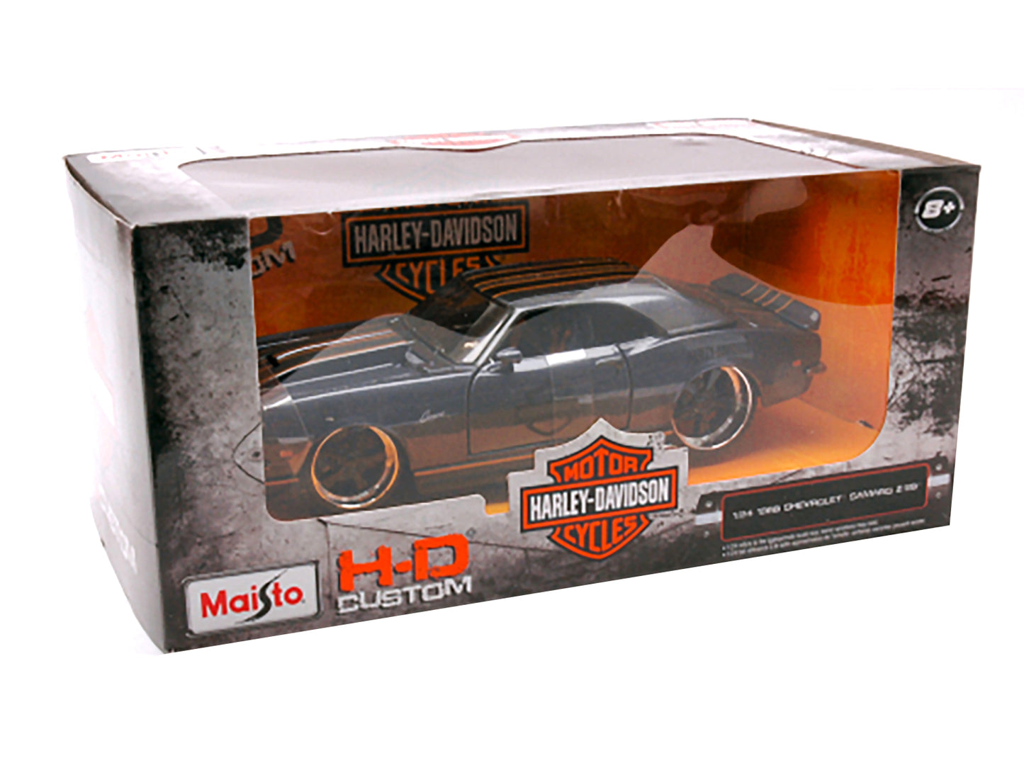 1968 Chevrolet Camaro Z/28 Dark Gray Metallic with Black and Orange Stripes "Harley Davidson" "H-D Custom" 1/24 T&y Diecast Model Car by Maisto