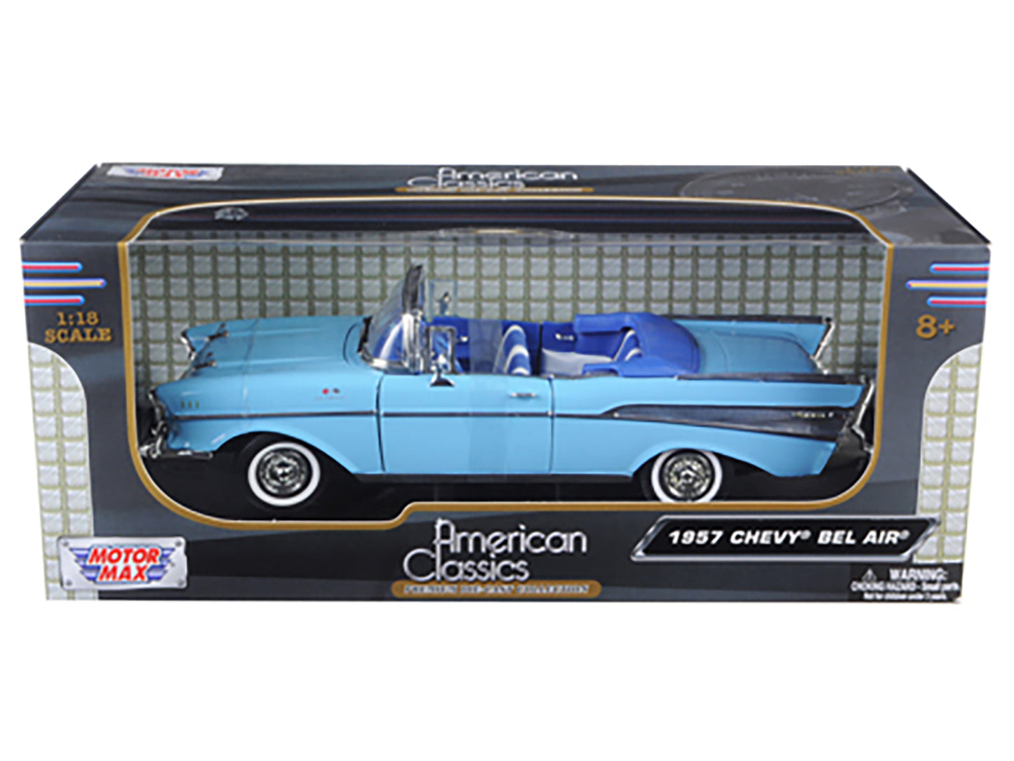 1957 Chevrolet Bel Air Convertible Light Blue with Interior 1/18 Diecast Model Car by Motormax <h2>1957 Motormax</h2> <p>High-quality perfect for collectors and enthusiasts. Features detailed exterior