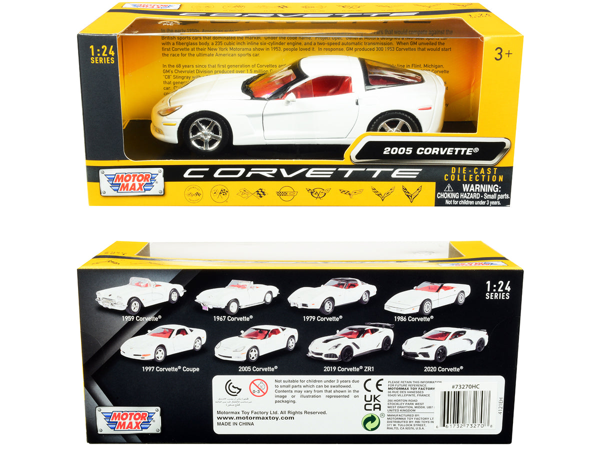 2005 Chevrolet Corvette C6 White Red Interior 1/24 Diecast Model Car - Motormax