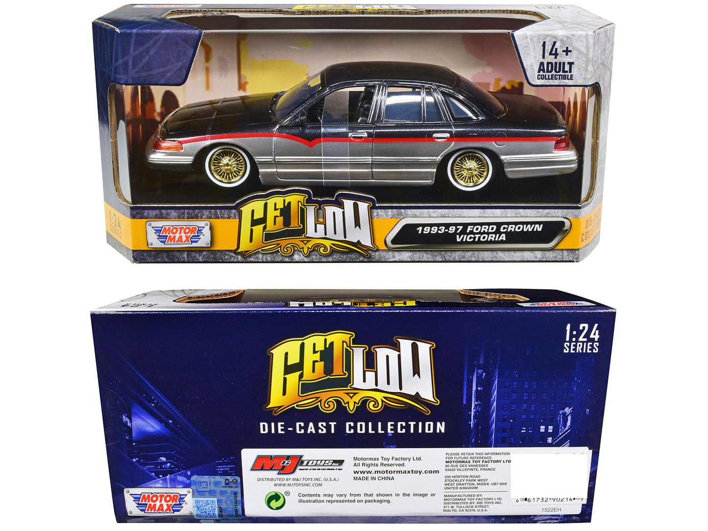 1993-1997 Ford Crown Victoria Lowrider Black Metallic and Silver with Red Stripes "Get Low" Series 1/24 Diecast Model Car by Motormax <h2>1993-1997 Motormax</h2> <p>High-quality perfect for collectors