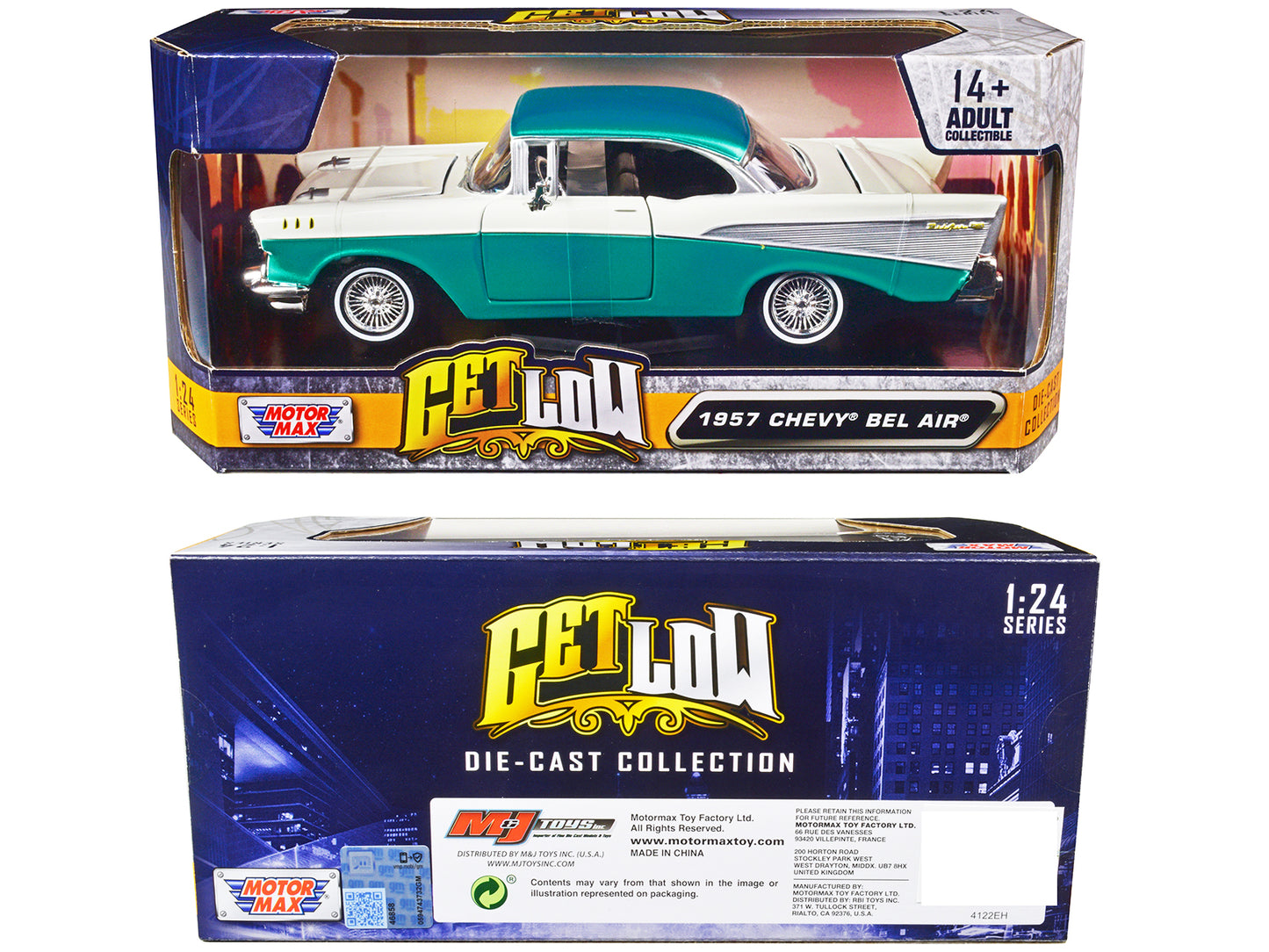 1957 Chevrolet Bel Air Lowrider Turquoise Metallic and White "Get Low" Series 1/24 Diecast Model Car by Motormax <h2>1957 Motormax</h2> <p>High-quality perfect for collectors enthusiasts. Features det