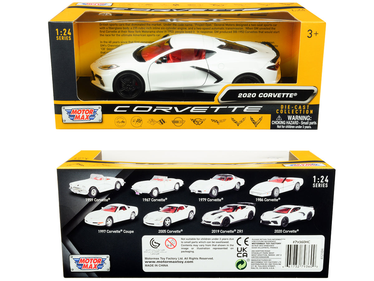 2020 Chevrolet Corvette C8 Stingray White Red 1/24 Diecast Model Car - Motormax