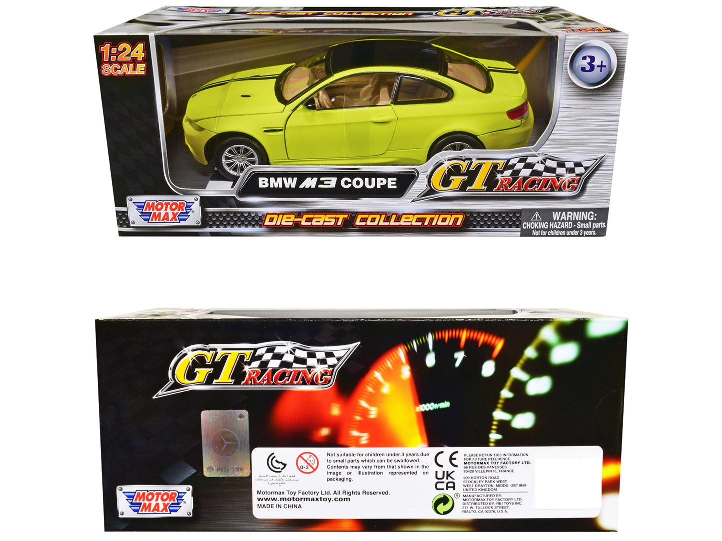 BMW M3 Coupe Neon Yellow with Matt Black Top and Stripes "GT Racing" Series 1/24 Diecast Model Car by Motormax <h2>BMW Motormax</h2> <p>High-quality perfect for collectors enthusiasts. Features detail
