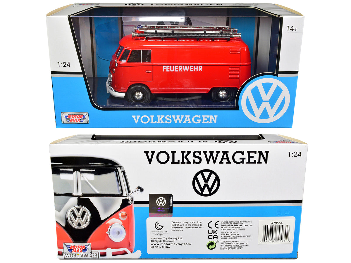 Volkswagen Type 2 (T1) Fire Van "Feuerwehr" Red 1/24 Diecast Model Car