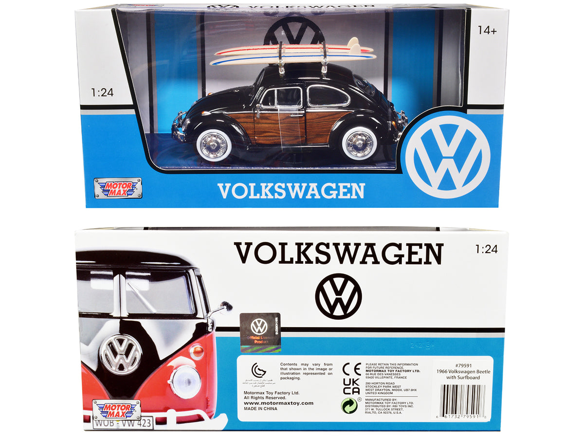 1966 Volkswagen Beetle Black Wood Panels Two 1/24 Diecast Model Car - Motormax