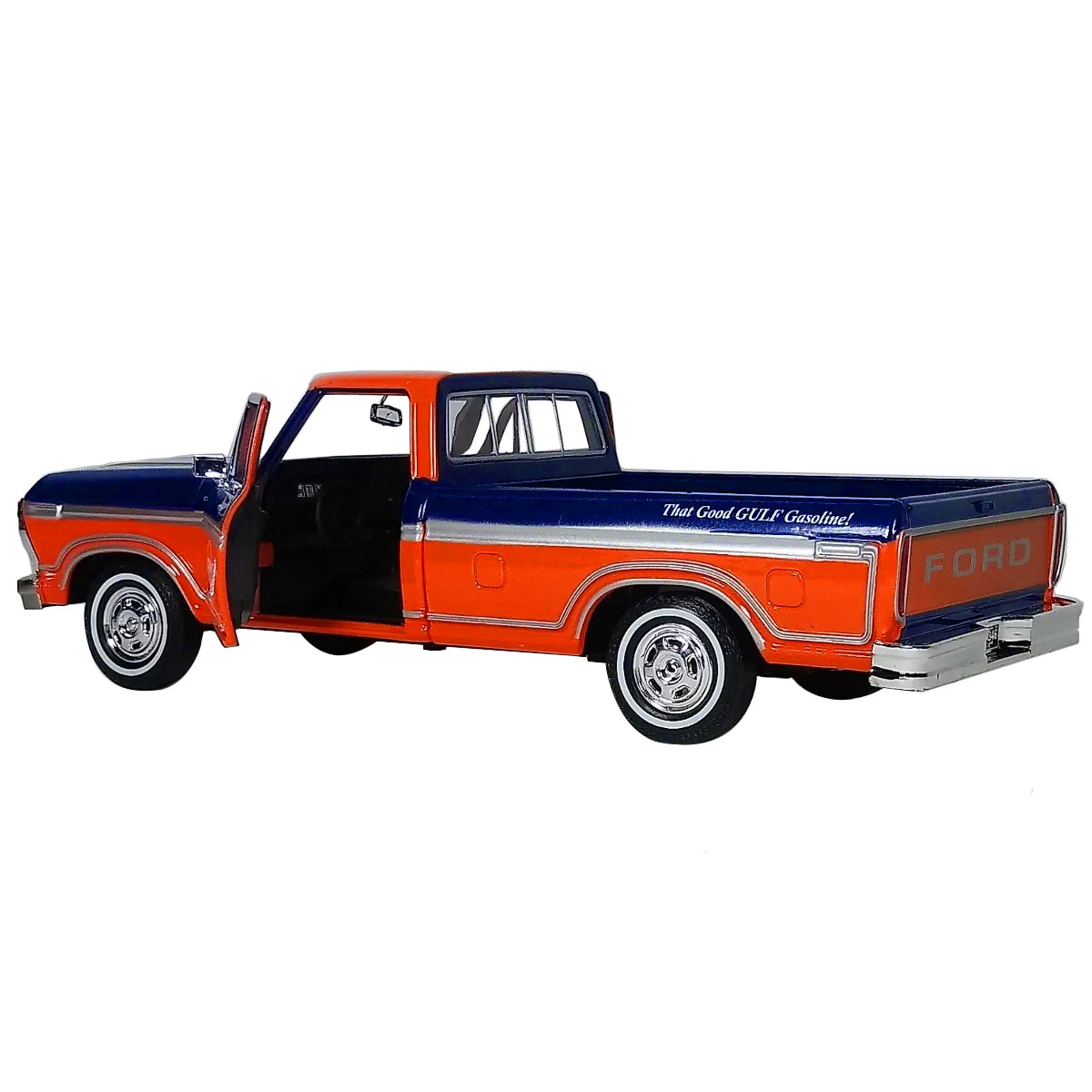 1979 Ford F-150 Custom Pickup Truck "Gulf" Dark Blue and Orange 1/24 Diecast Model Car by Motormax <h2>1979 Motormax</h2> <p>High-quality perfect for collectors enthusiasts. Features detailed interior