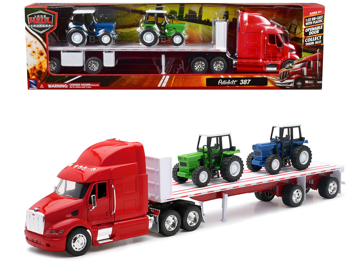 Peterbilt 387 Flatbed Truck Red 2 Farm Tractors 1/32 Diecast Model - New Ray