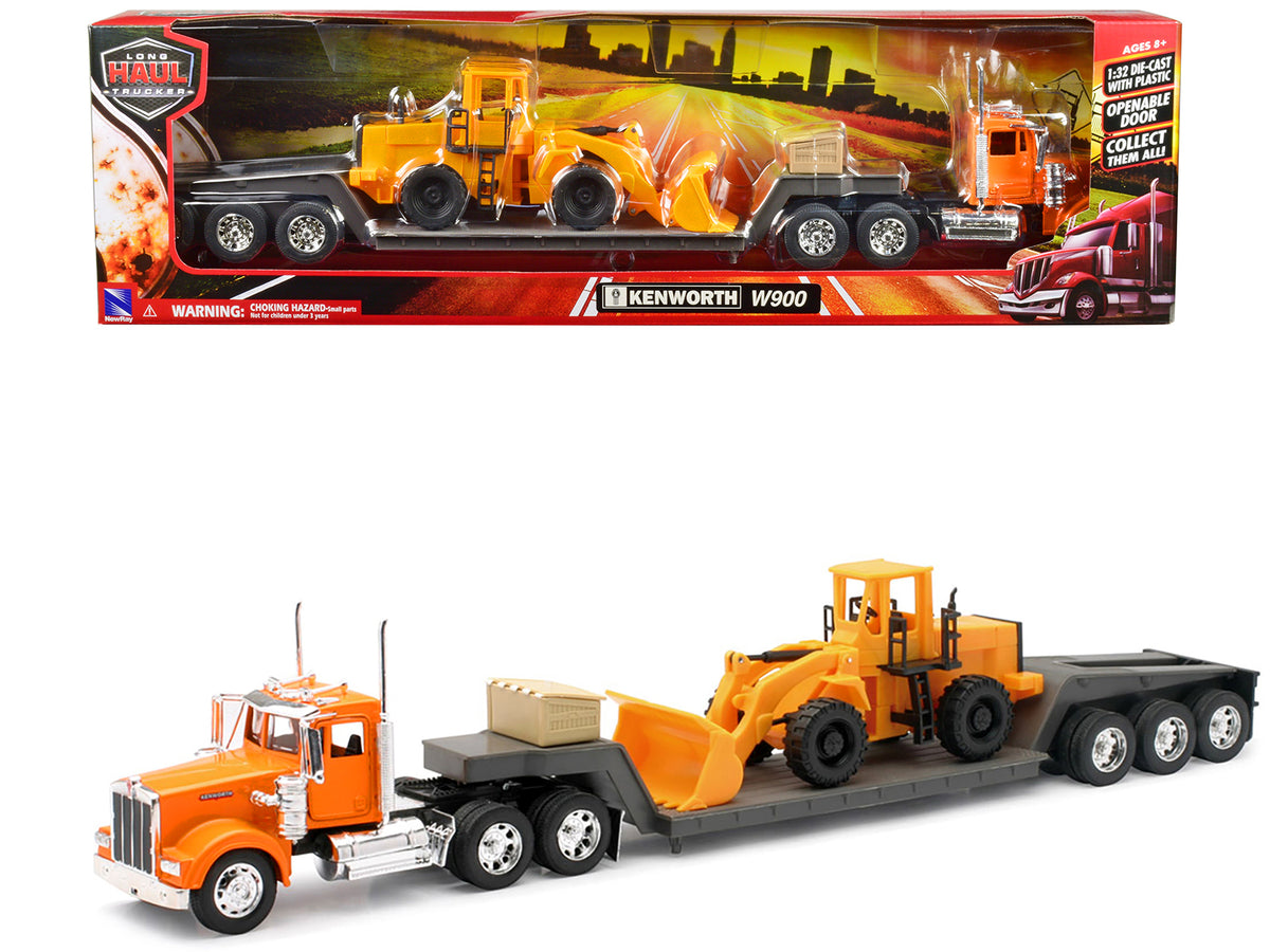 Kenworth W900 Truck Lowboy Trailer Orange Wheel 1/32 Diecast Model - New Ray
