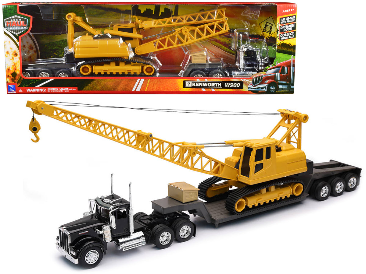 Kenworth W900 Truck Lowboy Trailer Black Crane 1/32 Diecast Model - New Ray