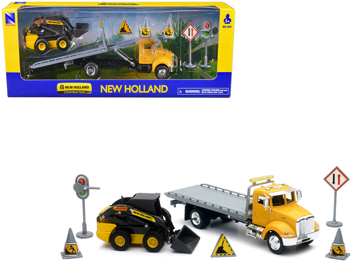 Peterbilt Roll-Off Flatbed Truck Yellow New Holland 1/43 Diecast Model - New Ray