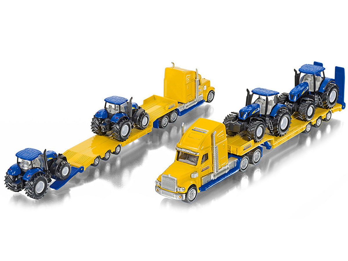 Tractor Truck Yellow with 2 New Holland T7070 Tractors Blue 1/87 Diecast Models