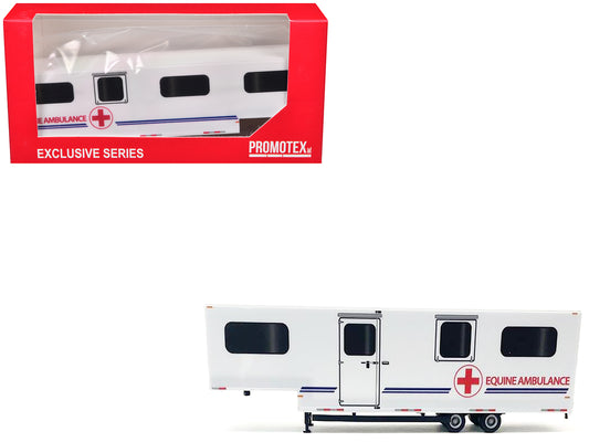 Equine Ambulance Trailer White with Blue Stripes 1/87 (HO) Plastic Model by Promotex T&y
