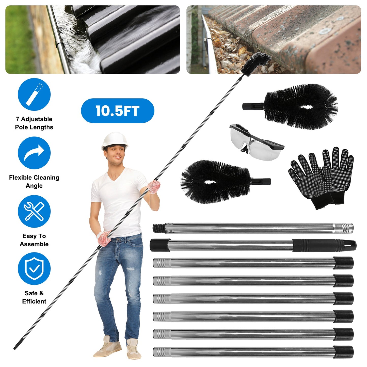 10.5Ft Gutter Cleaning Brush With Telescoping Handle Rain Cleaner Extendable To