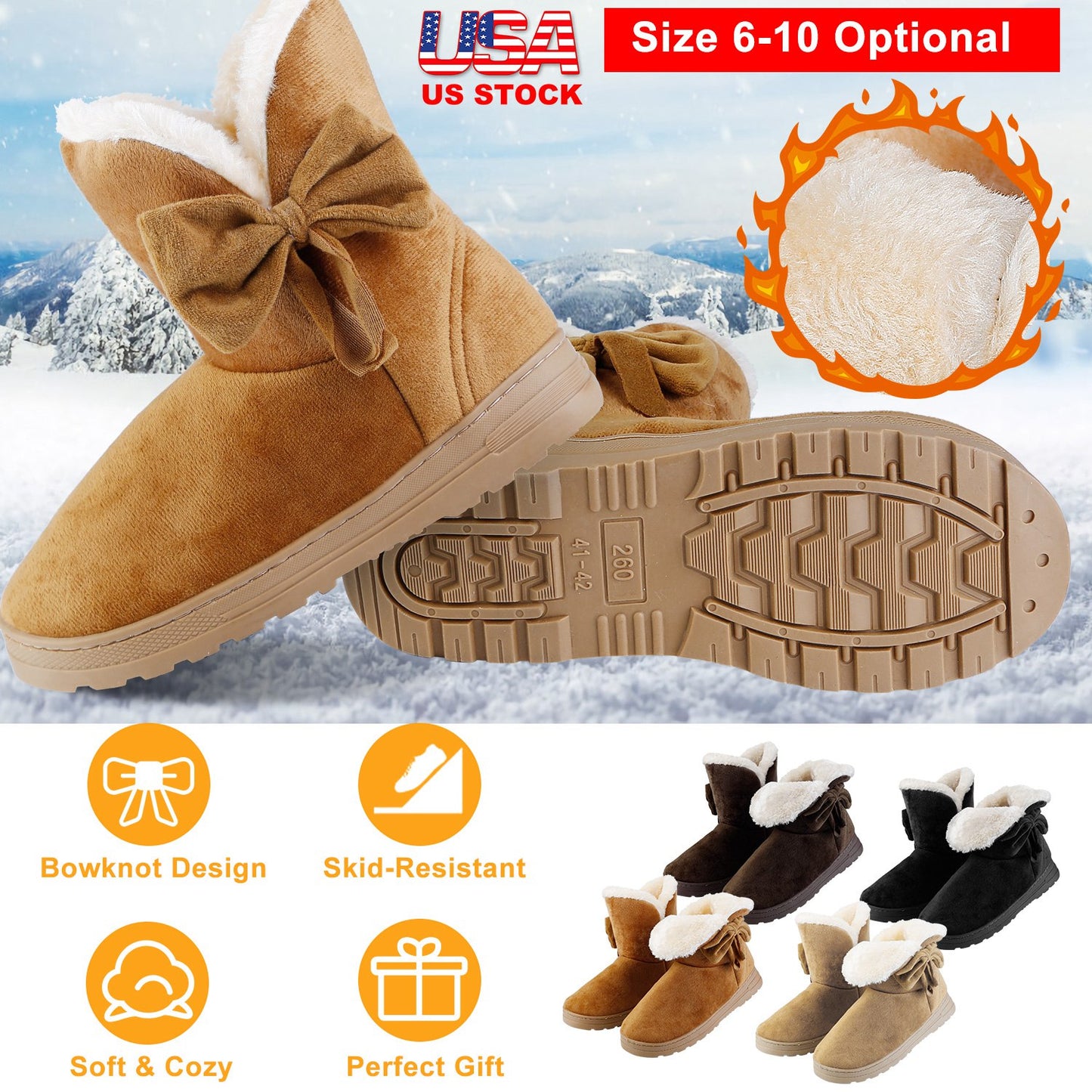 Women Ladies Snow Boots Super Soft Fabric Mid-Calf Winter Shoes Thickened Plush