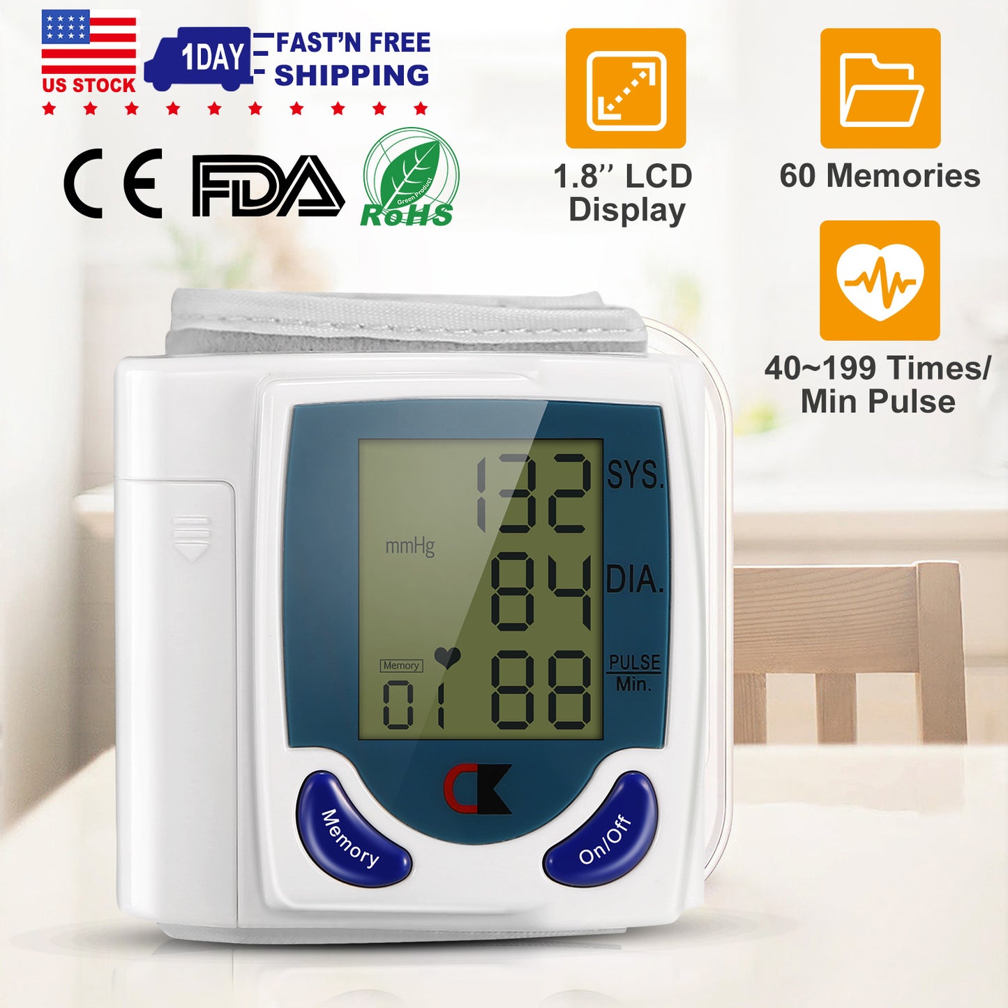 Blood Pressure Monitor Wrist Digital High Cuff Heartbeat Tester W/ 60 Reading M