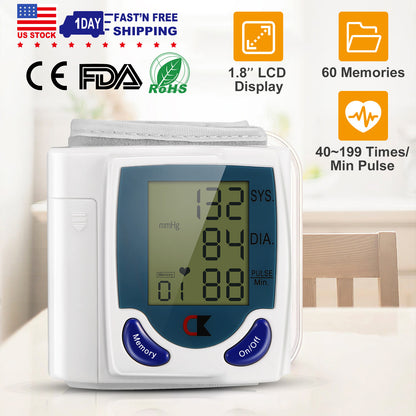 Blood Pressure Monitor Wrist Digital High Cuff Heartbeat Tester W/ 60 Reading M