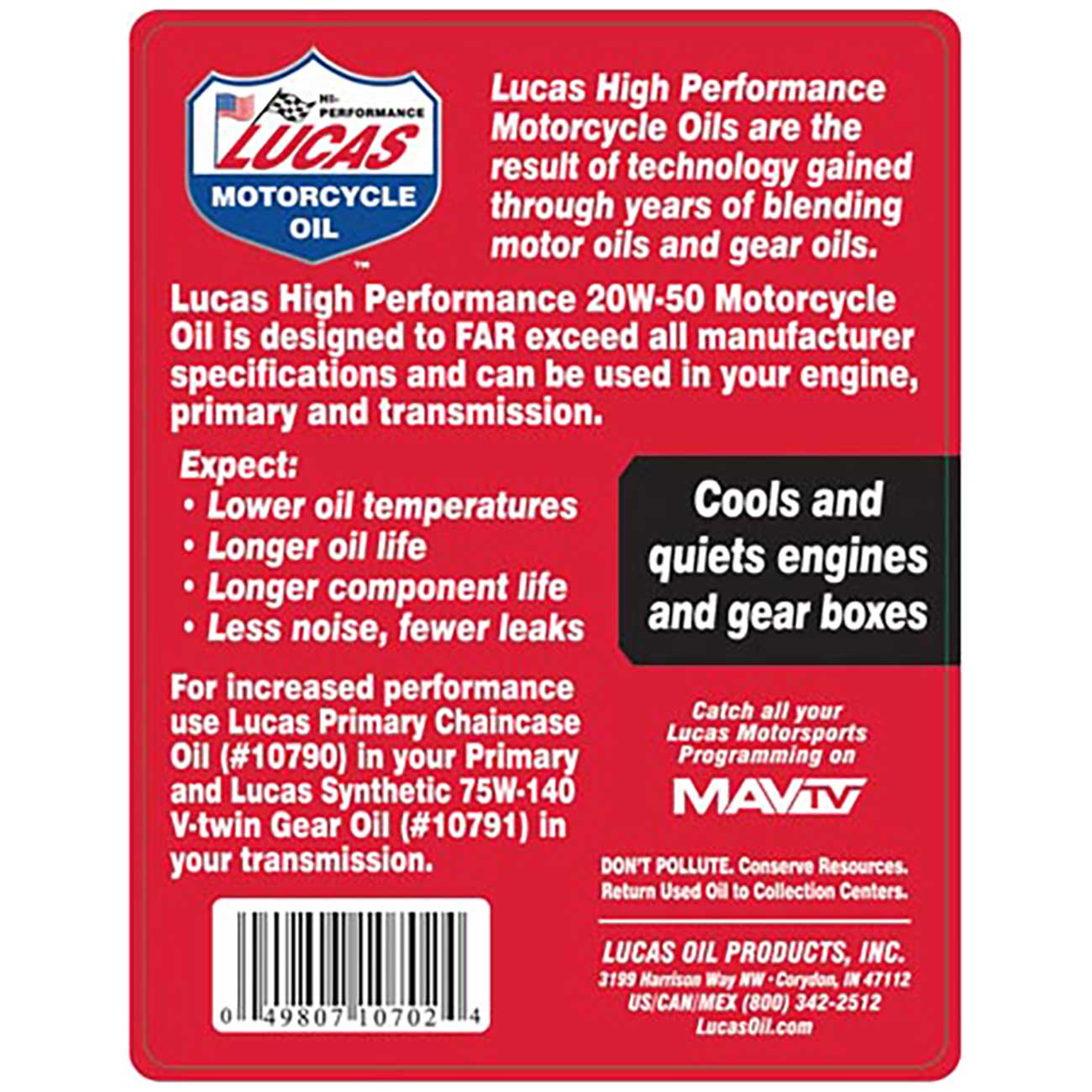 Lucas Oil Synthetic SAE 20W-50 Motorcycle with Moly - 1 Quart