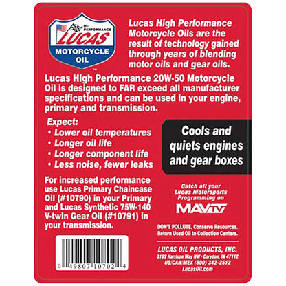 Lucas Oil Synthetic SAE 20W-50 Motorcycle with Moly - 1 Quart
