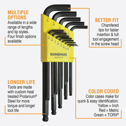 Bondhus Balldriver SAE Ball End HEX Long L-Key Wrenches .050" to 3/8" (13 Piece)