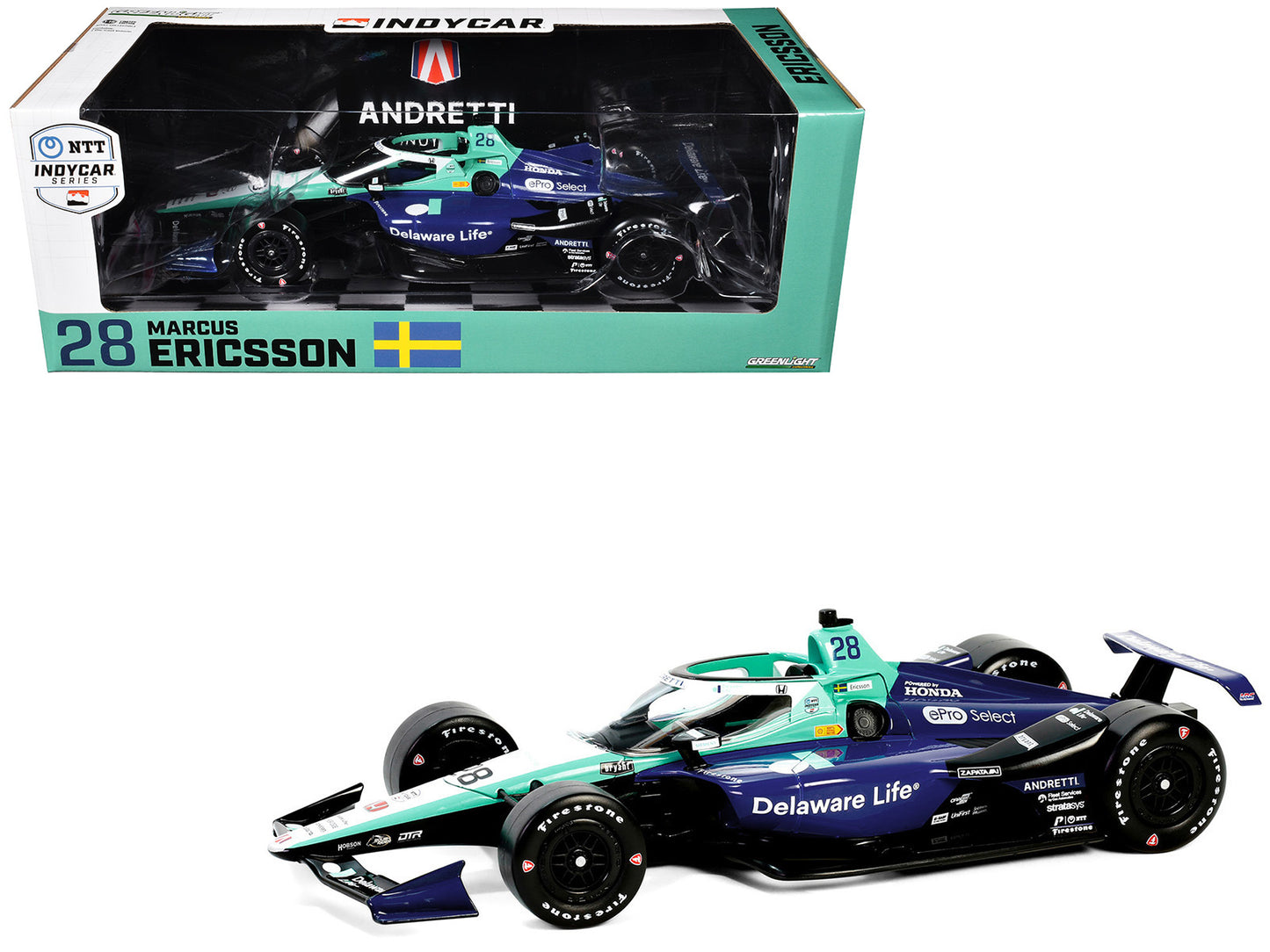 GreenLight Dallara IndyCar #28 Marcus Ericsson "Delaware Life" Andretti Autosport "NTT Series" (2024) 1/18 Diecast Model Car by <h2>Dallara Greenlight</h2> <p>High-quality perfect for collectors and e