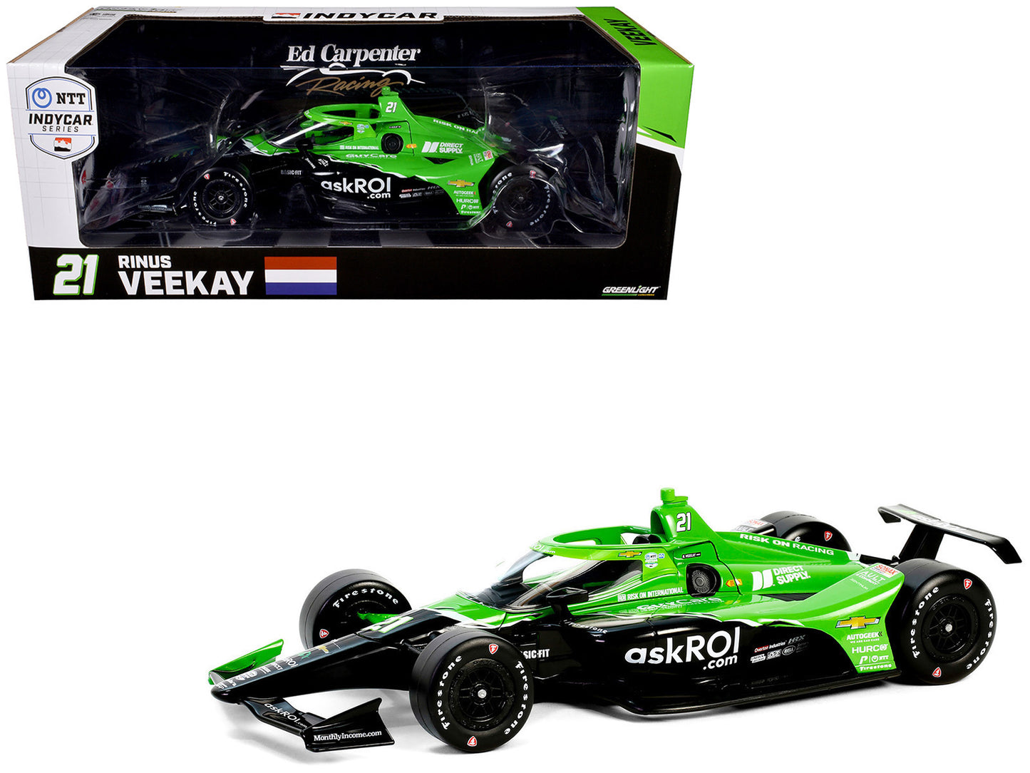 GreenLight Dallara IndyCar #21 Rinus VeeKay "Risk On International" Ed Carpenter Racing "NTT Series" (2024) 1/18 Diecast Model Car by <h2>Dallara Greenlight</h2> <p>High-quality perfect for collectors