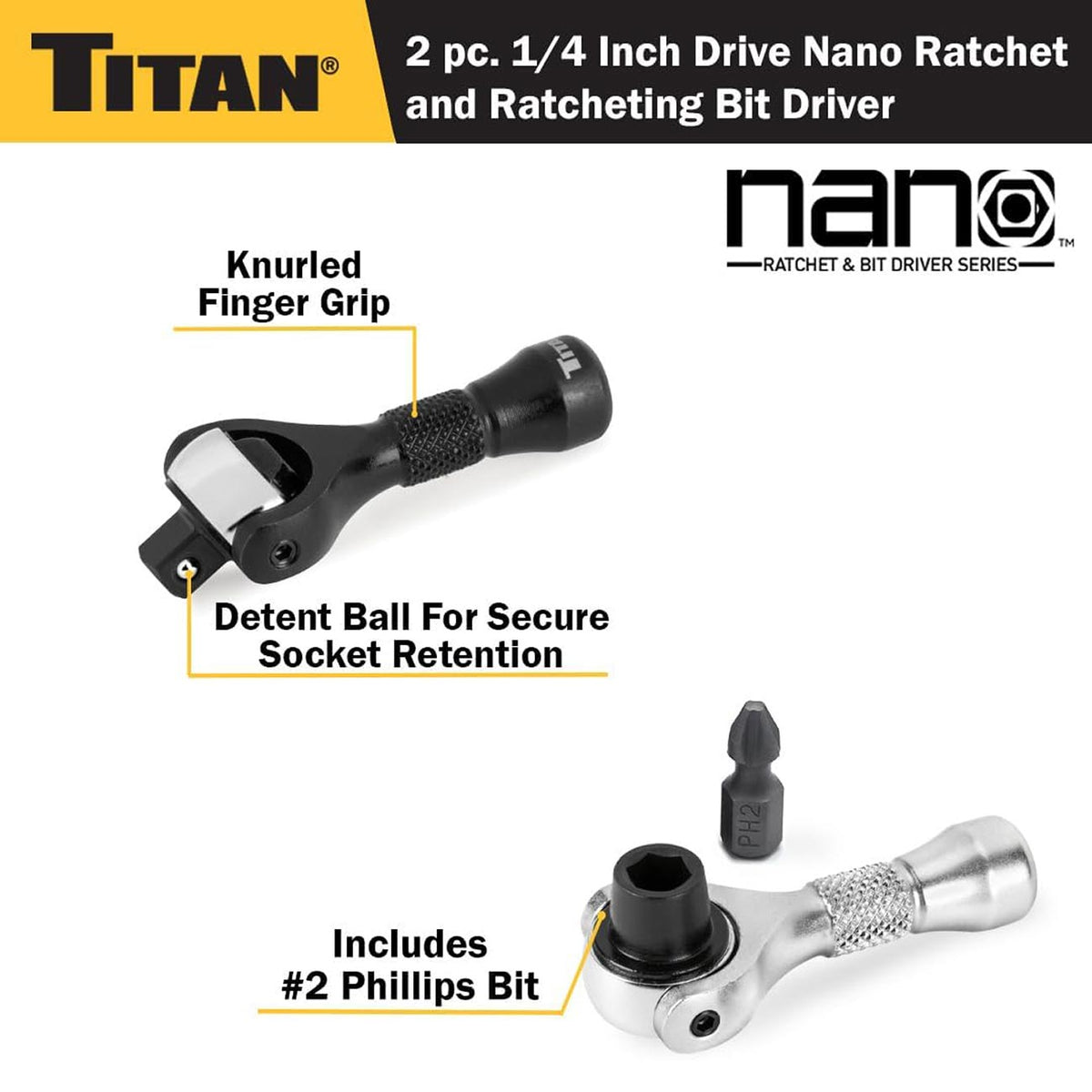 Titan 1/4" Drive 90-Tooth Swivel and Ratcheting Bit Driver Nano Ratchets (2-Piece)