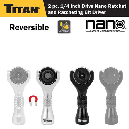 Titan 1/4" Drive 90-Tooth Swivel and Ratcheting Bit Driver Nano Ratchets (2-Piece)