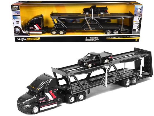 Mack Anthem Open Car Hauler Black with Red and White Stripes "Kenzie's Transport Services" and 1993 Chevrolet 454 SS Pickup Truck Black "Transporters" Series 1/64 T&y Diecast Models by Maisto