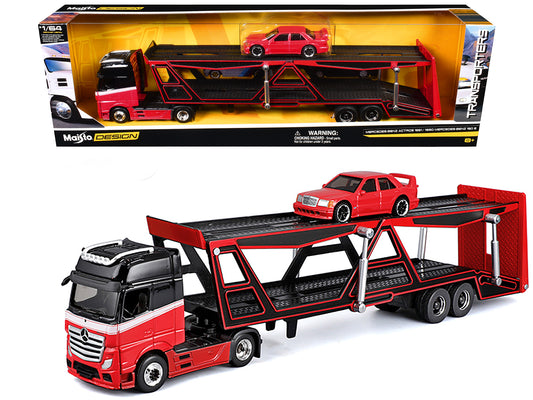 Mercedes-Benz Actros Open Car Hauler Red and Black with White Stripes and 1990 Mercedes-Benz 190E Red "Transporters" Series 1/64 T&y Diecast Models by Maisto