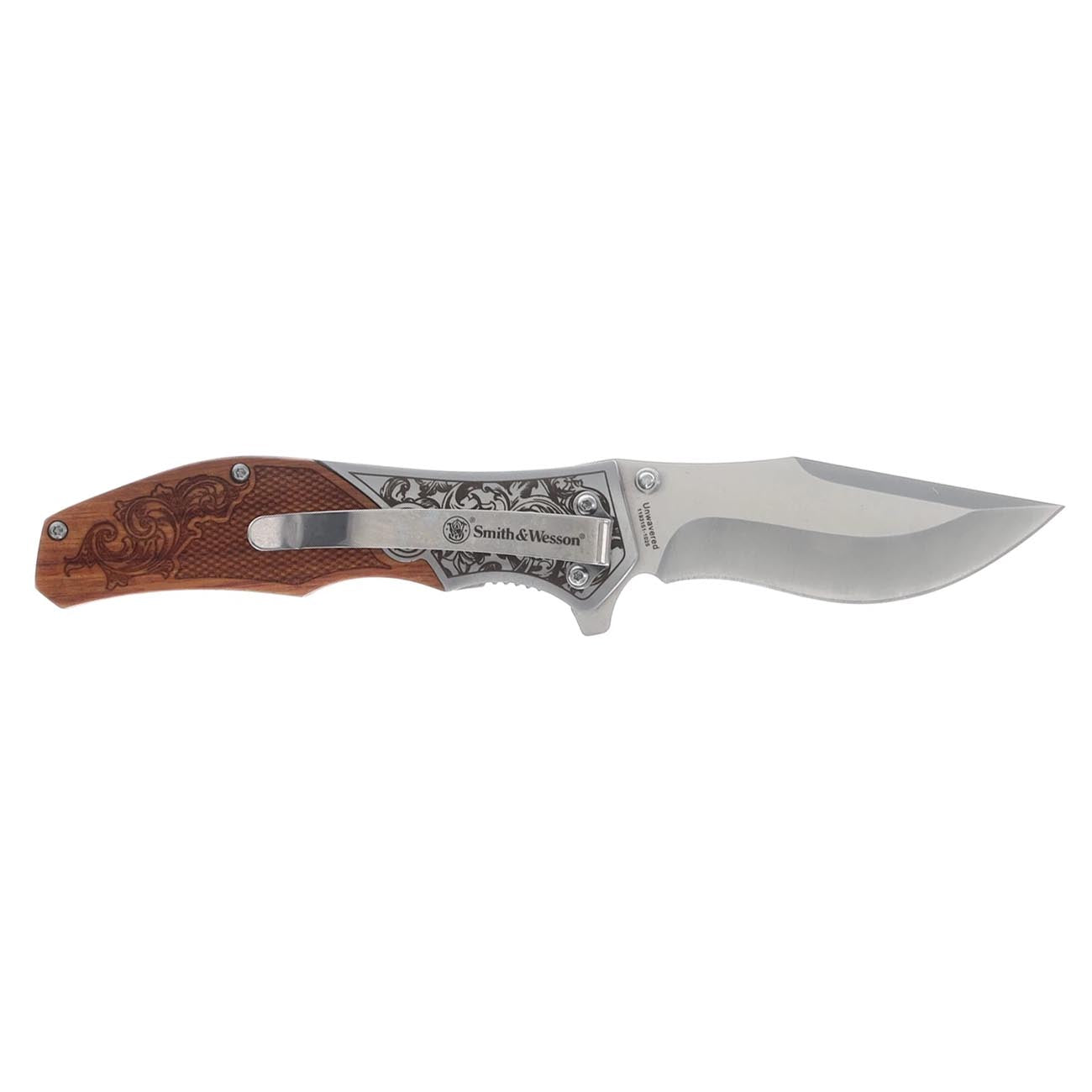 Smith & Wesson Unwavered Recurved Assisted Open Pocket Knife with Engraved Rosewood Handle