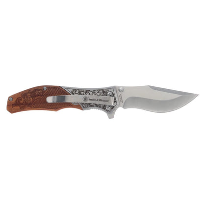 Smith & Wesson Unwavered Recurved Assisted Open Pocket Knife with Engraved Rosewood Handle