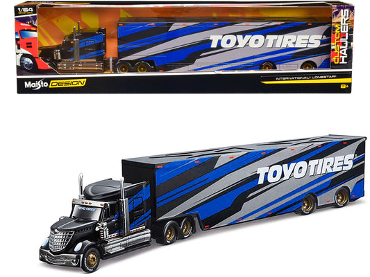 International LoneStar Enclosed Car Transporter "T&yo Tires" Black with Blue and Gray Stripes "Custom Haulers" Series 1/64 T&y Diecast Model by Maisto