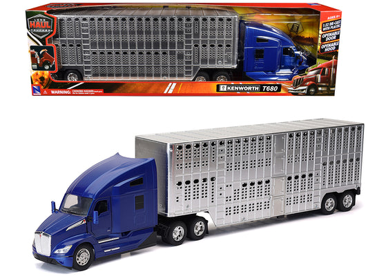 Kenworth T680 Truck Blue Metallic with Livestock Trailer Chrome "Long Haul Trucker" Series 1/32 T&y Diecast Model by New Ray