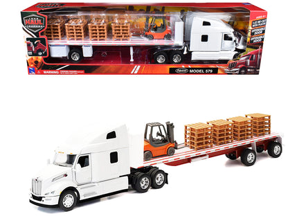 Peterbilt 579 Truck White Flatbed Trailer White 1/32 Diecast Model - New Ray