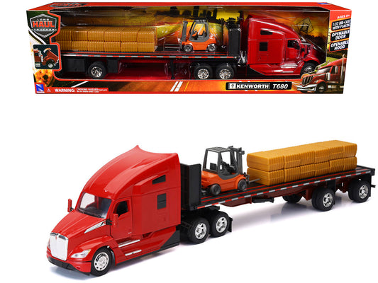 Kenworth T680 Truck Red and Flatbed Trailer with Forklift and Hay Load "Long Haul Trucker" Series 1/32 T&y Diecast Model by New Ray