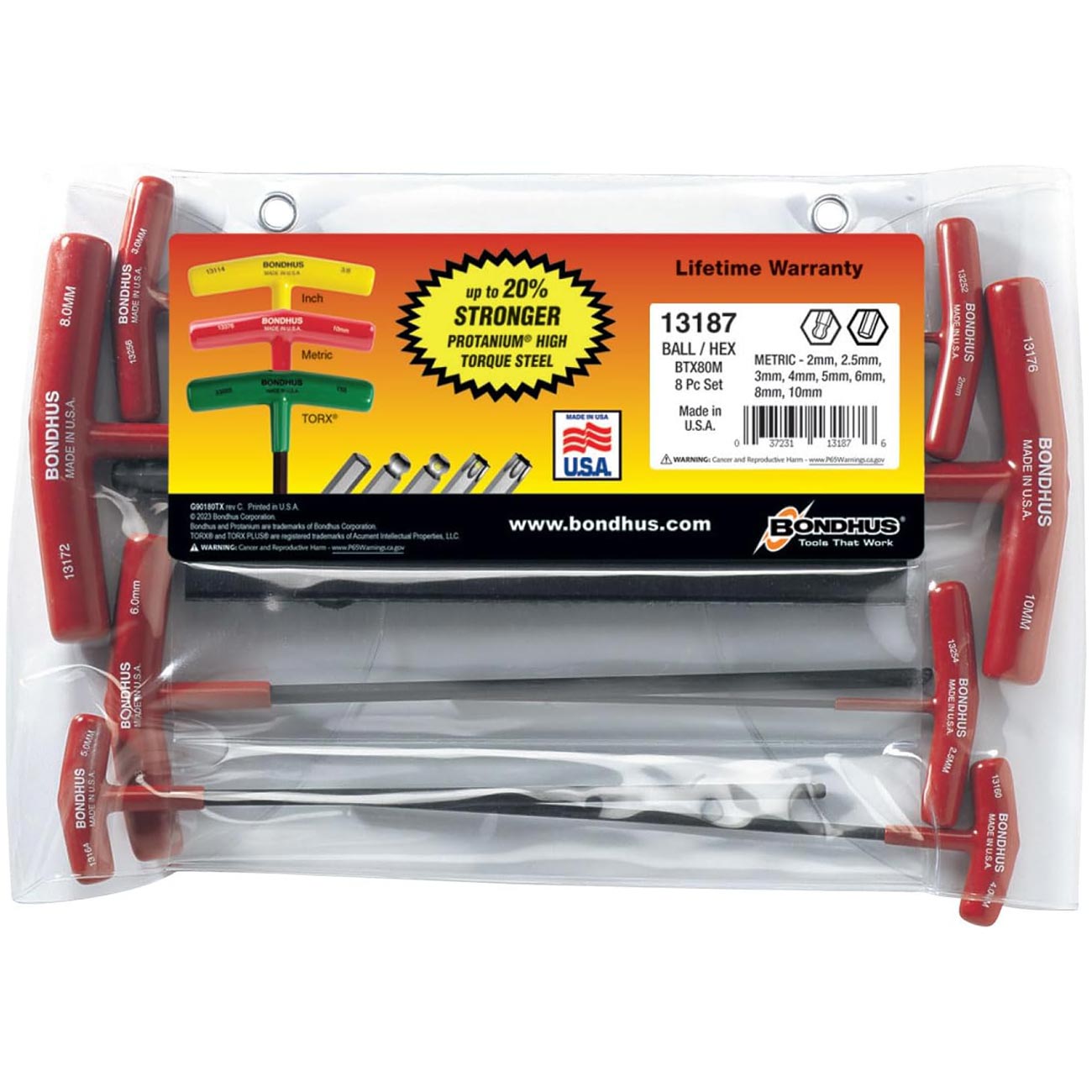 Bondhus Balldriver Metric HEX Ball End T-Handle Wrenches 2mm to 10MM (8 Piece)