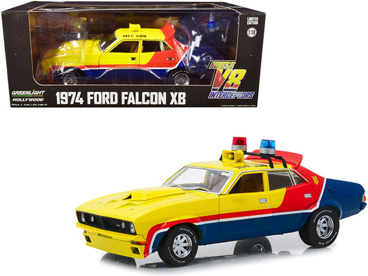 1974 Ford Falcon XB 4-Door Sedan RHD (Right Hand Drive) Yellow and Blue with Red Stripes "MFP 508" "First of the V8 Interceptors" (1979) Movie 1/18 T&y Diecast Model Car by Greenlight