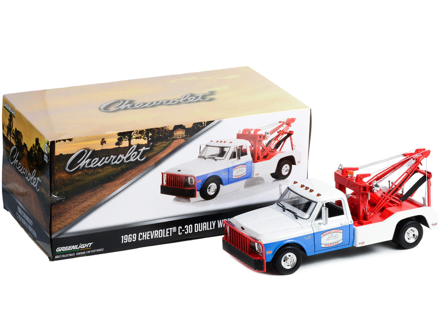 1969 Chevrolet C-30 Dually Wrecker Tow Truck White and Blue "Hazzard County Garage" 1/18 T&y Diecast Model Car by Greenlight