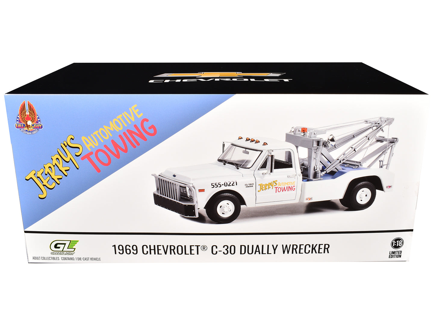 GreenLight 1969 Chevrolet C-30 Dually Wrecker Jerry’s Towing "Fall Guy Stuntman Association" "The Fall Guy" (1981-1986) TV Series 1/18 Diecast Model Car by <h2>1969 Greenlight</h2> <p>High-quality per